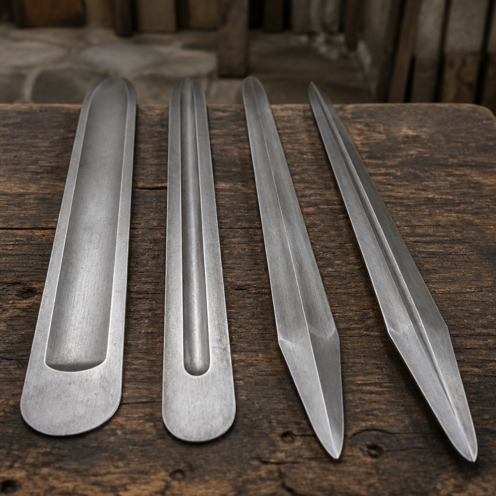Four medieval sword blades cut across and polished, laid side by side, showing a broad shallow fuller, a narrow fuller, a flattened diamond section and a hollow ground diamond section