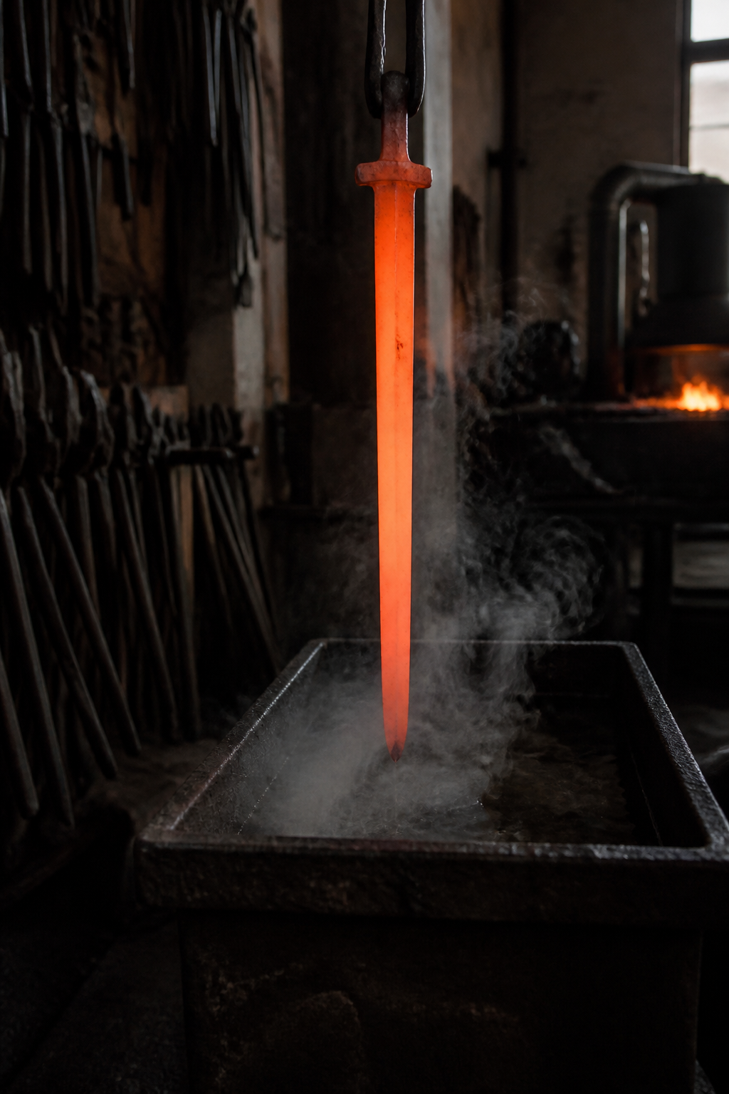 A glowing sword blade held vertically above an open quench tank in a dark forge, the steel orange along its whole length and vapour rising from the oil below